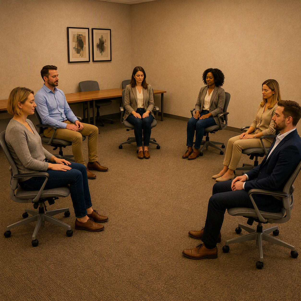 Image of six people in an office setting in chairs in seated meditation. Chairs are arranged in a semi-circle.