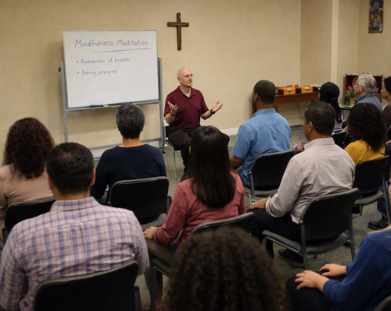 Image of John teaching the principles of meditation in a classroom setting of a Christian church.