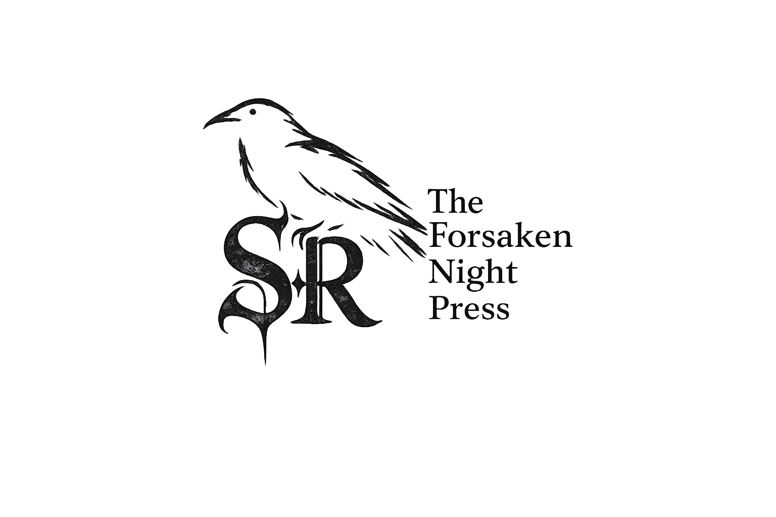 Logo de 'The Forsaken Night Press' com um corvo negro ao lado do nome abreviado S.R e o nome completo ao lado.