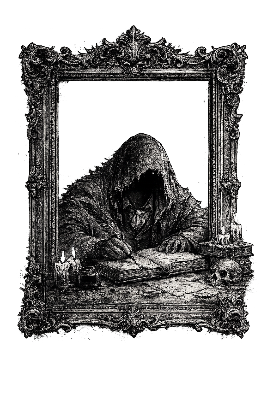 Ilustração sombria de uma figura sombria de capuz a escrever um livro com uma pena, cercada por uma moldura ornamentada, velas a derreter e uma caveira à direita.