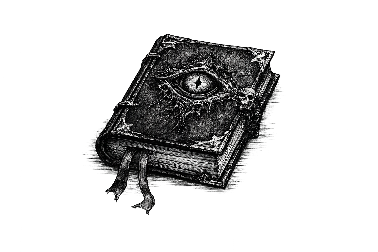 Livro antigo preto e branco com uma ilustração de uma olho com raízes e cercado por teias em sua capa, e uma caveira na borda