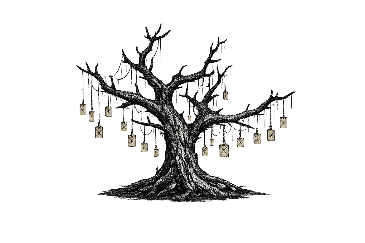Árvore desenhada à mão em tom preto e branco com cartas penduradas nos seus galhos.