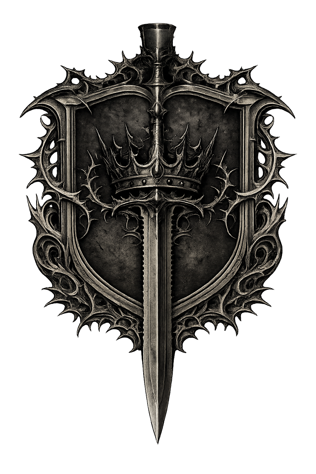 A medieval-style shield with a sword and crown design, surrounded by spikes and intricate detailing in a dark, metallic finish.