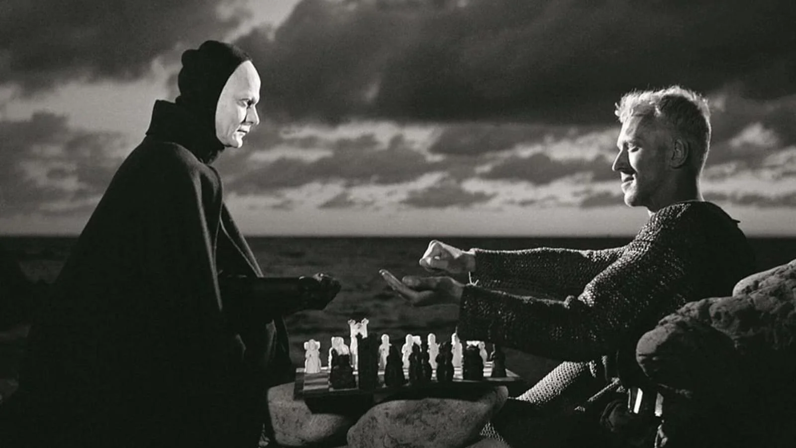 A knight plays chess with Death on a rocky shore, from Ingmar Bergman's The Seventh Seal (1957).
