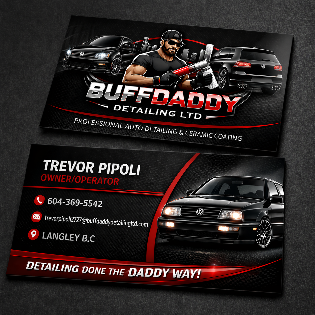Business card for Buff Daddy Detailing Ltd featuring a cartoon mechanic holding a polishing machine and two black Volkswagen cars, one front and one back, with contact details for Trevor Pipoli in Langley B.C., emphasizing professional auto detailing and ceramic coating services.