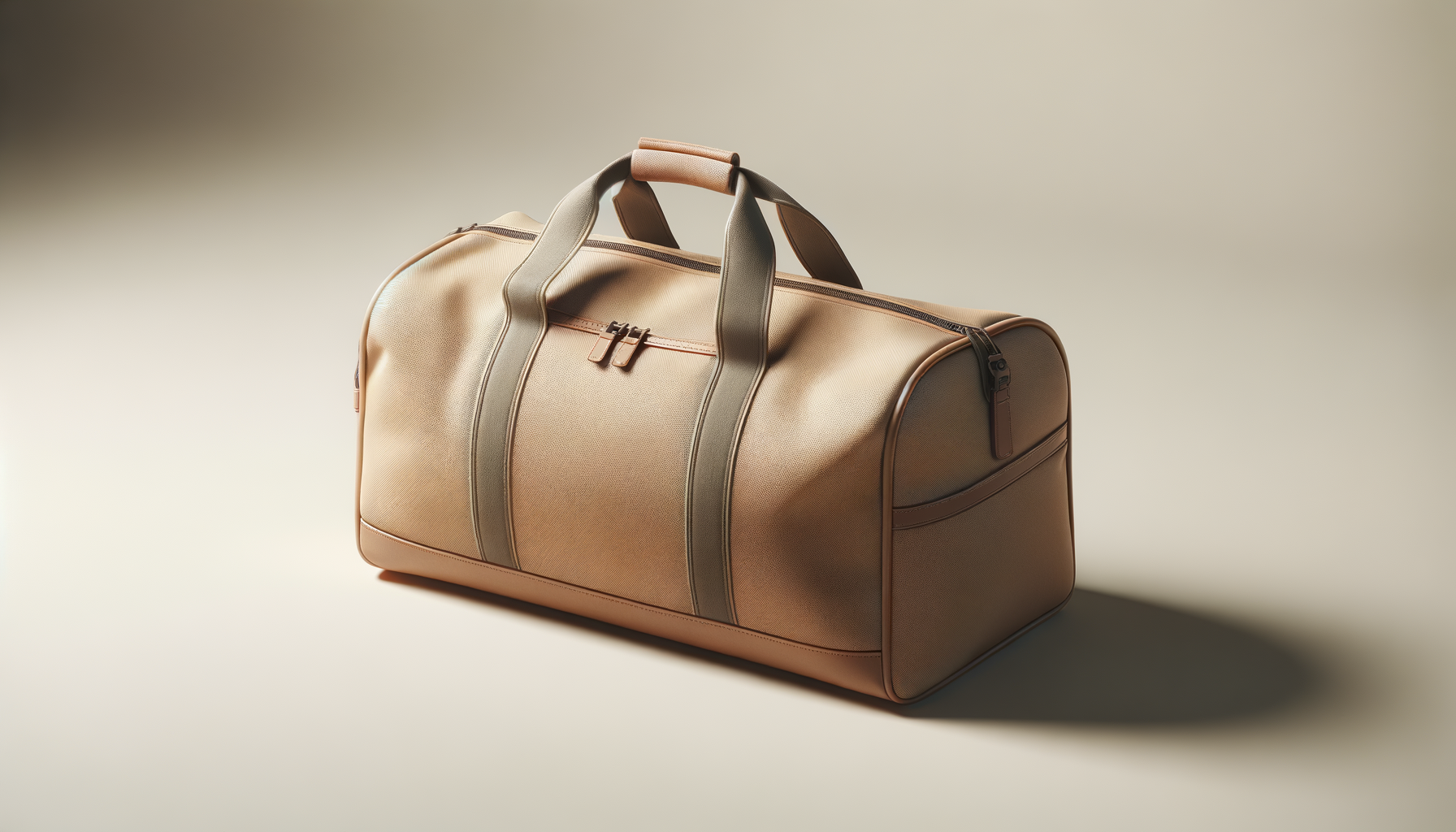 Beige duffel bag with brown accents on plain background.