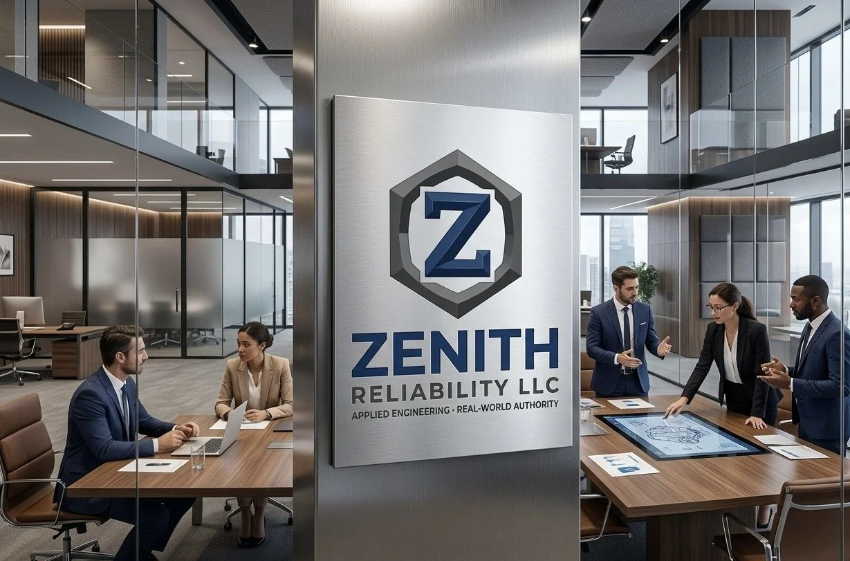 Business professionals collaborate in a modern office conference room with large windows. Four people are engaged in a discussion near a table with laptops and documents. The company name "Zenith Reliability LLC" and logo are prominently displayed on a large wall.