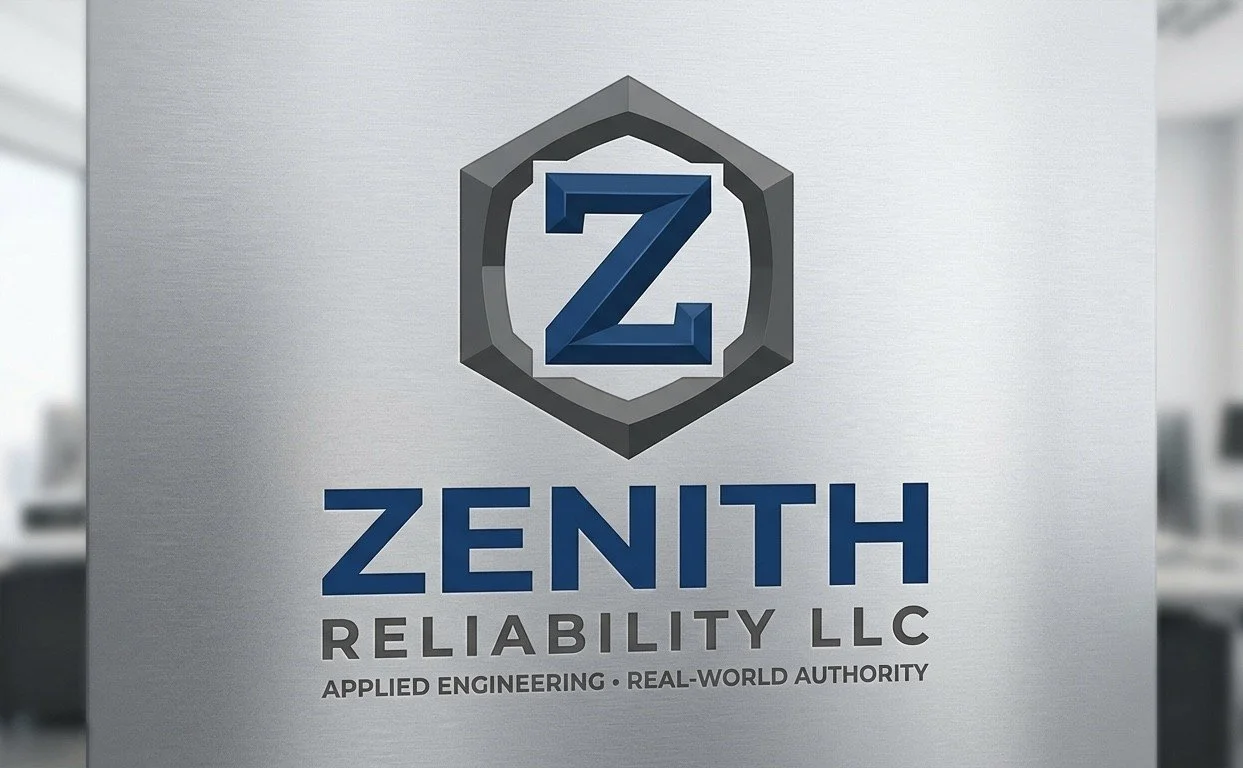 A metallic sign for Zenith Reliability LLC with a logo featuring a blue letter Z within a black and gray shield, and the words 'ZENITH RELIABILITY LLC' and the tagline 'APPLIED ENGINEERING • REAL-WORLD AUTHORITY'.