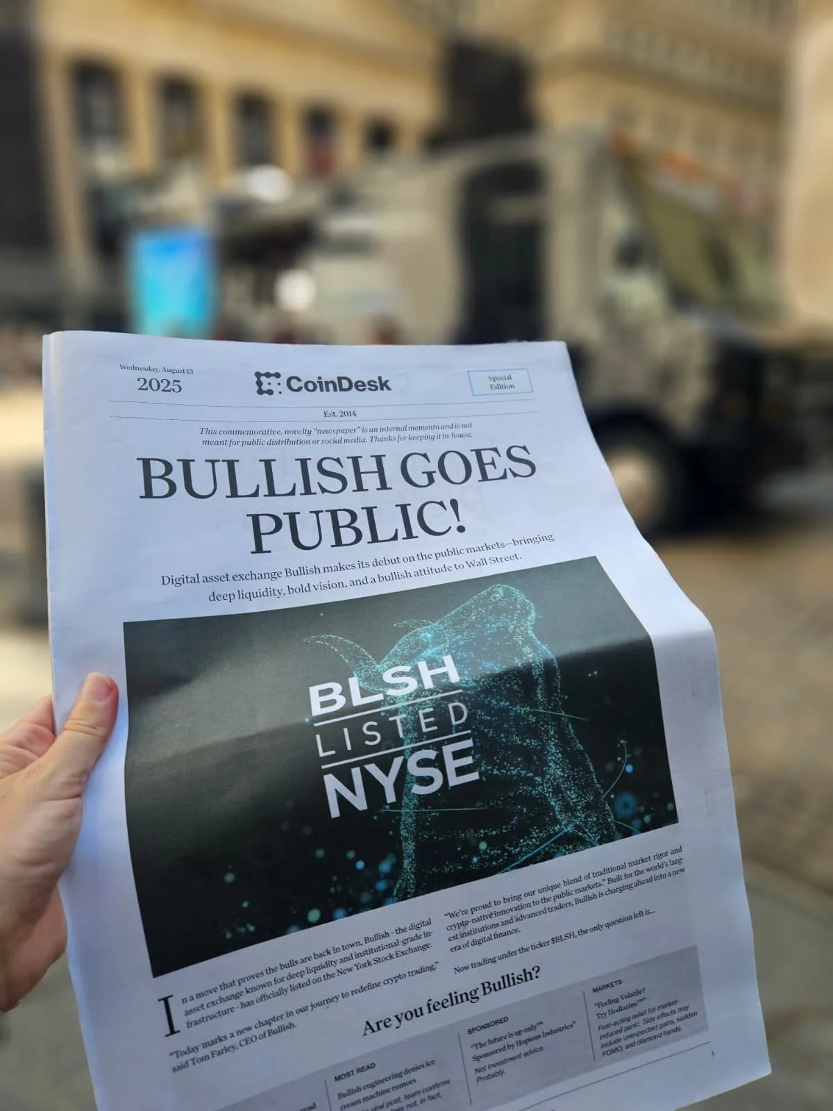 Commemorative newspaper at the CoinDesk newsstand