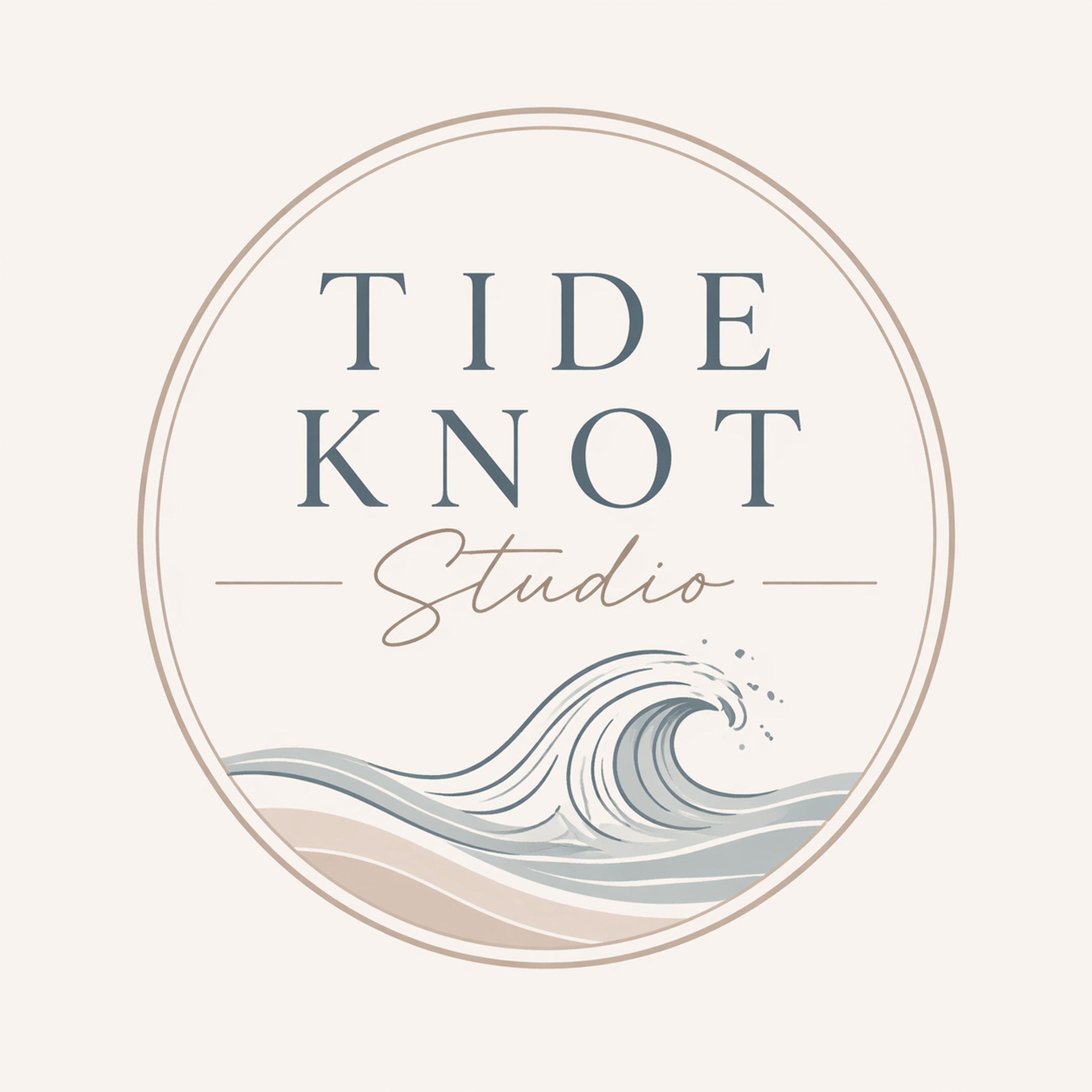 Logo for 'The Knot Studio' with a stylized wave graphic underneath, on a light beige background.