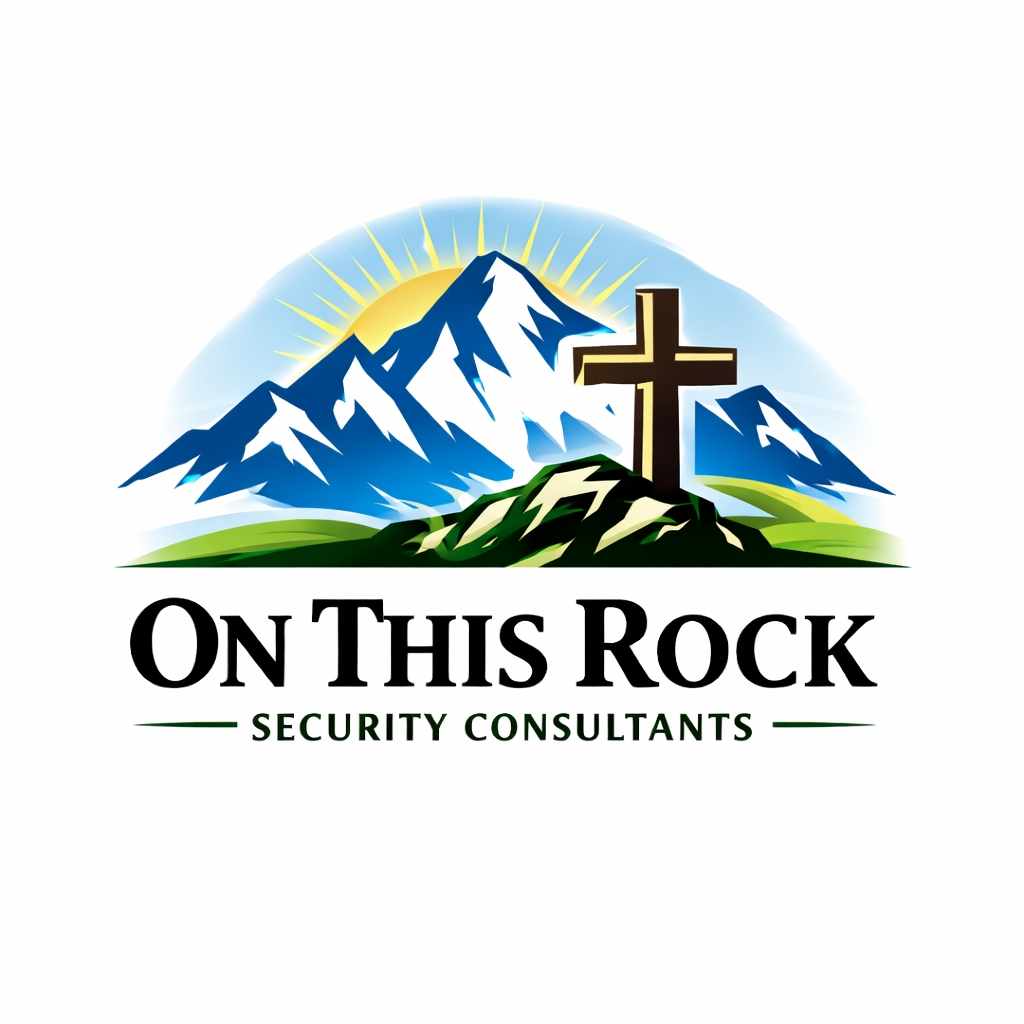 Logo of On This Rock Security Consultants featuring a mountain with snow caps, a cross, and a sunrise in the background.
