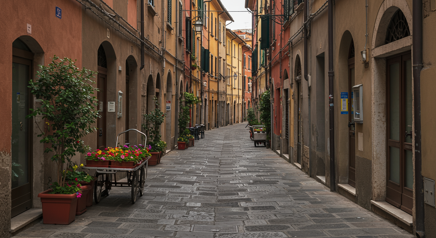 Empty narrow European street with colorful buildings and flowering plants in pots.