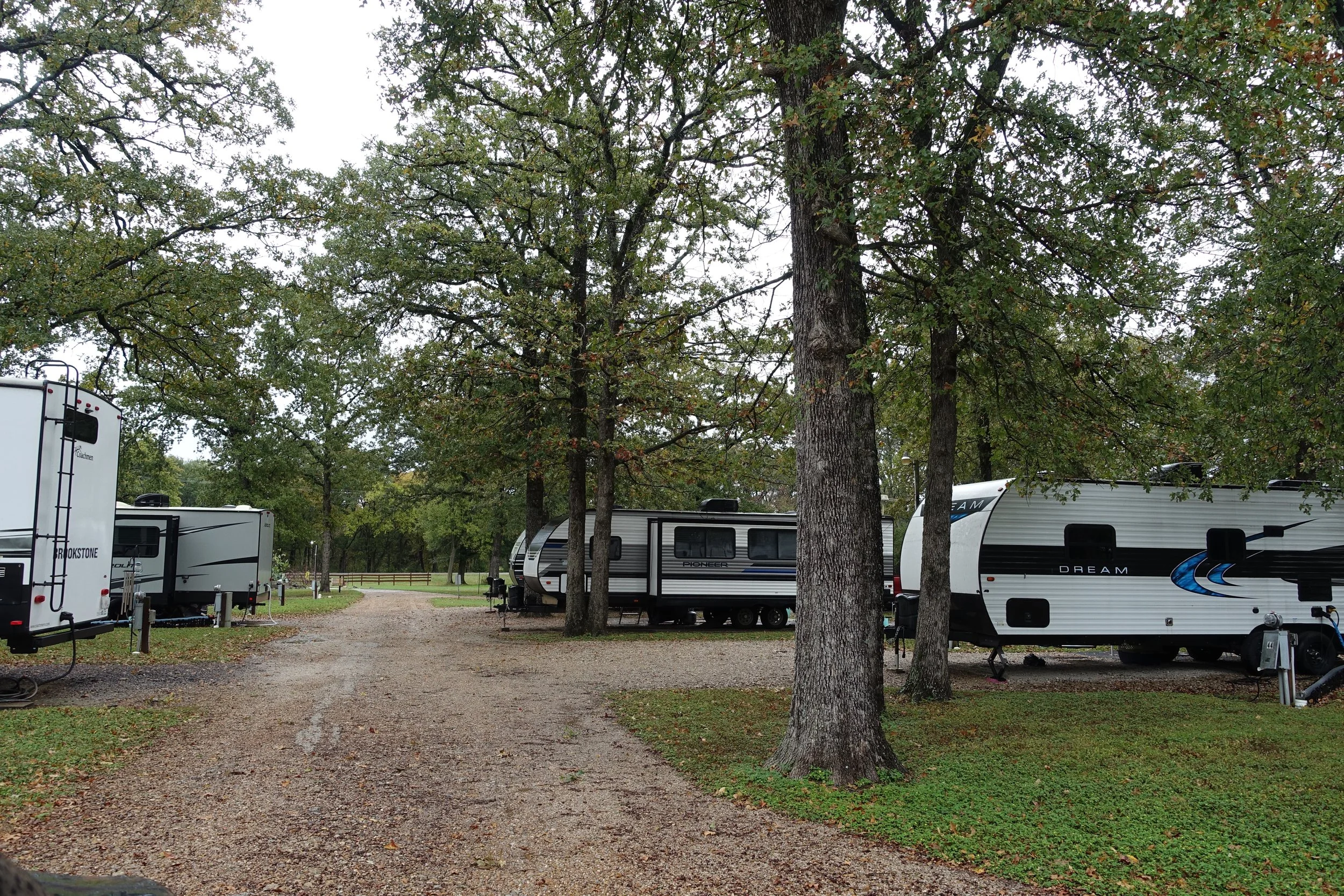 RV park with several recreational vehicles parked among trees on a gravel road.