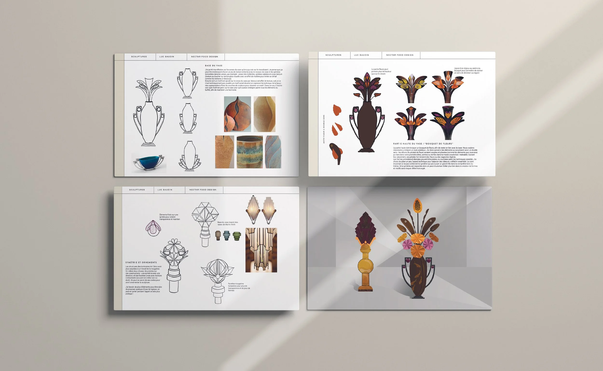 Planches de réflexion, direction artistique pour la pièce artistique en chocolat pour Luc Baudin, pour le concours MOF Chocolatier, par Anne-Claire Turbé, designer culinaire