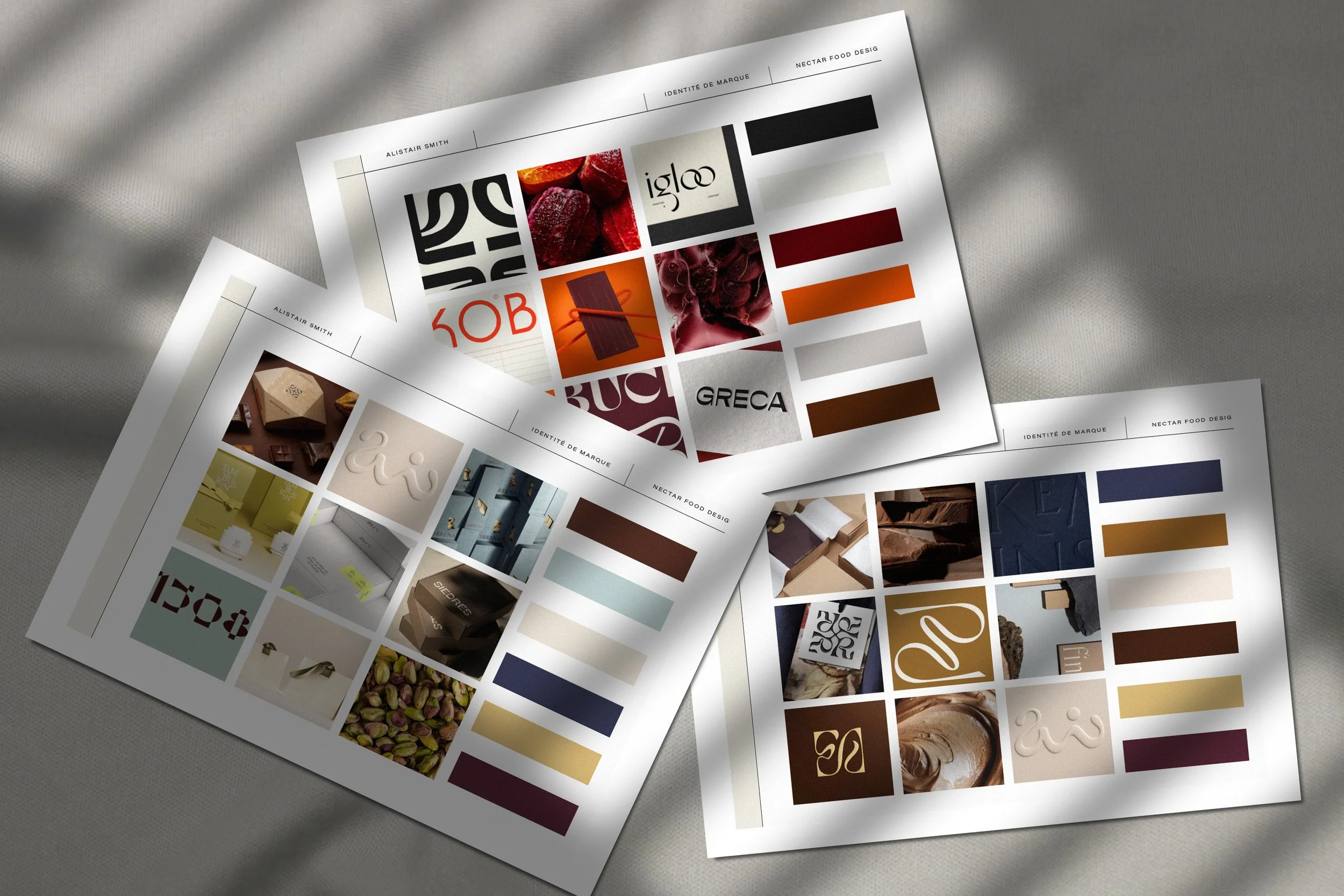 Planches d'inspirations pour la signature visuelle de Alistair Smith, chef pâtissier consultant, par Anne-Claire Turbé, designer culinaire