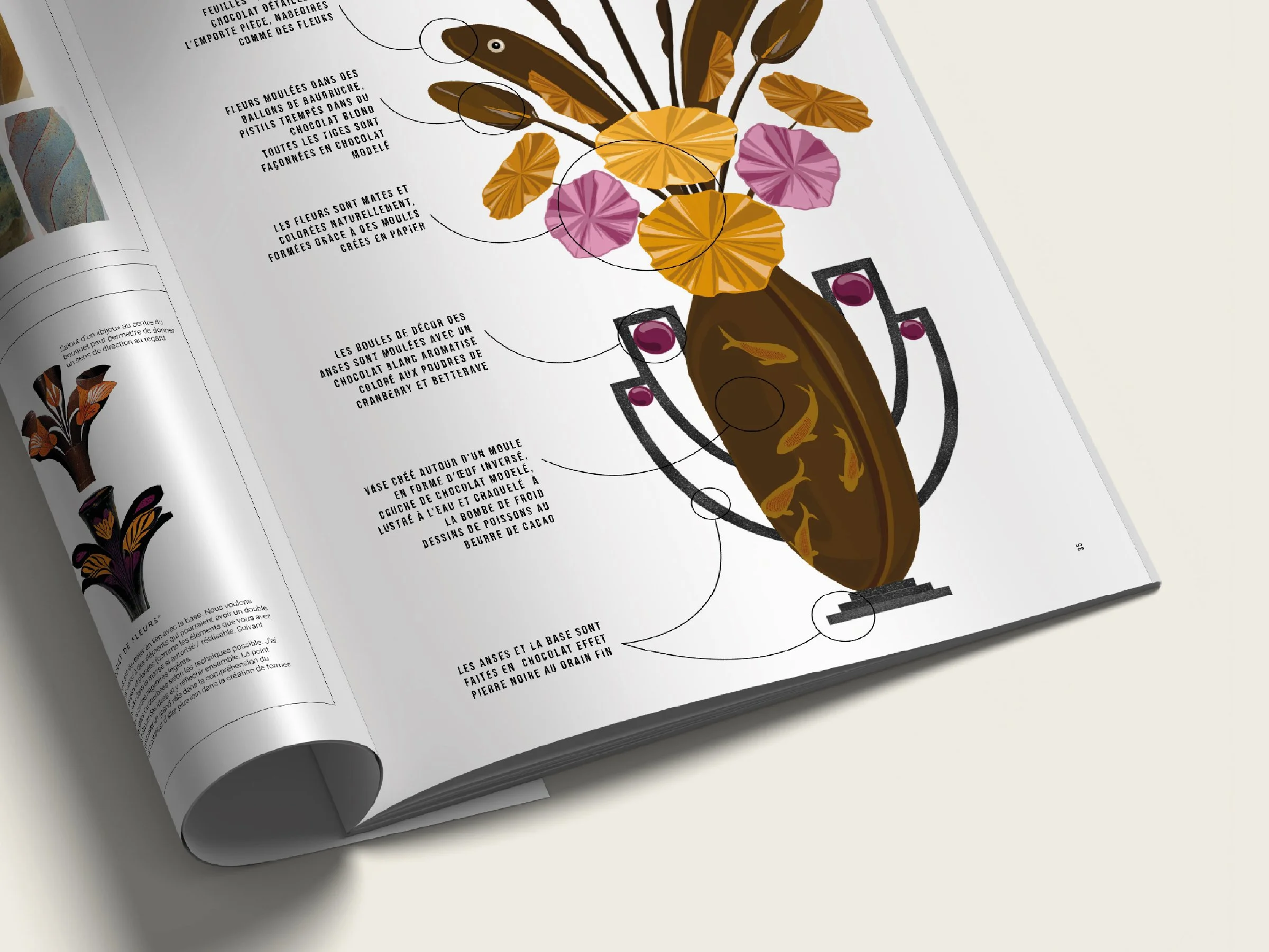Page d'un livre illustré montrant une pièce artistique en sucre pour les MOF Chocolatier, créé pour Luc Baudin, par Anne-Claire Turbé, designer culinaire