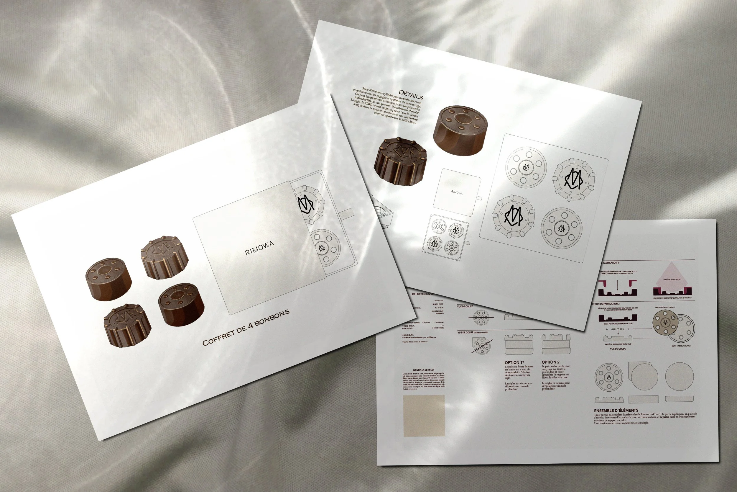 Planches de dessins d'intention et fiches techniques pour une création d'un coffret de chocolats sur-mesure pour RIMOWA, pour Alistair Smith, chef pâtissier consultant, par Anne-Claire Turbé, designer culinaire