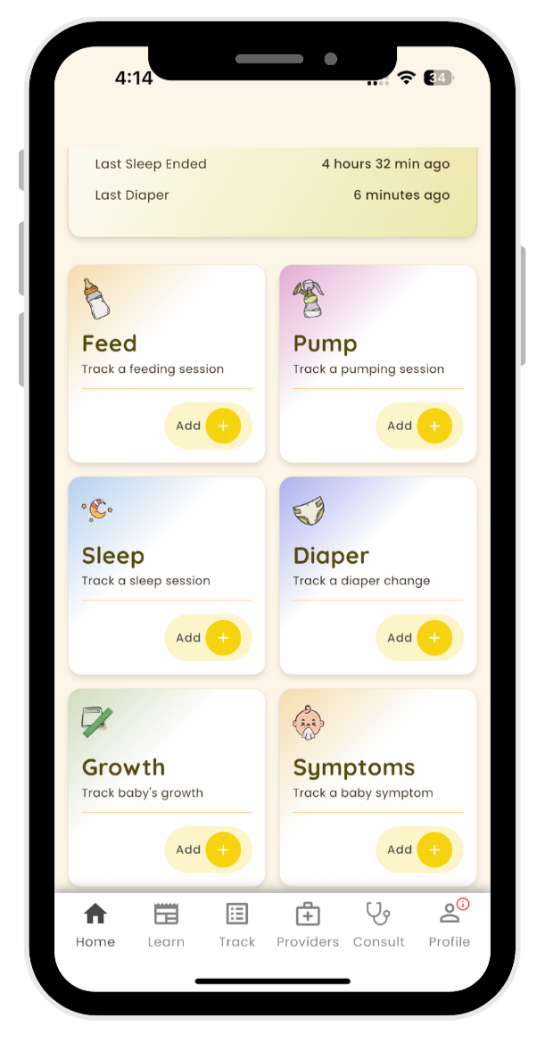 Mobile app interface for baby tracking with options for feeding, pumping, sleeping, diaper changes, growth, and symptoms, showing last sleep and diaper times at the top.