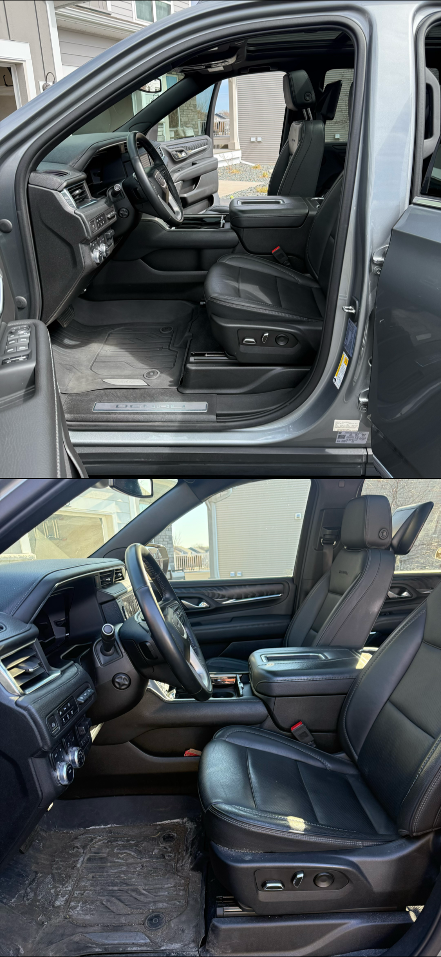 Comparison of the interior cabins of two vehicles, showing the driver and front passenger seats, dashboards, and control panels. The first vehicle has a clean interior while the second has a dirty floor and slightly different dashboard layout.