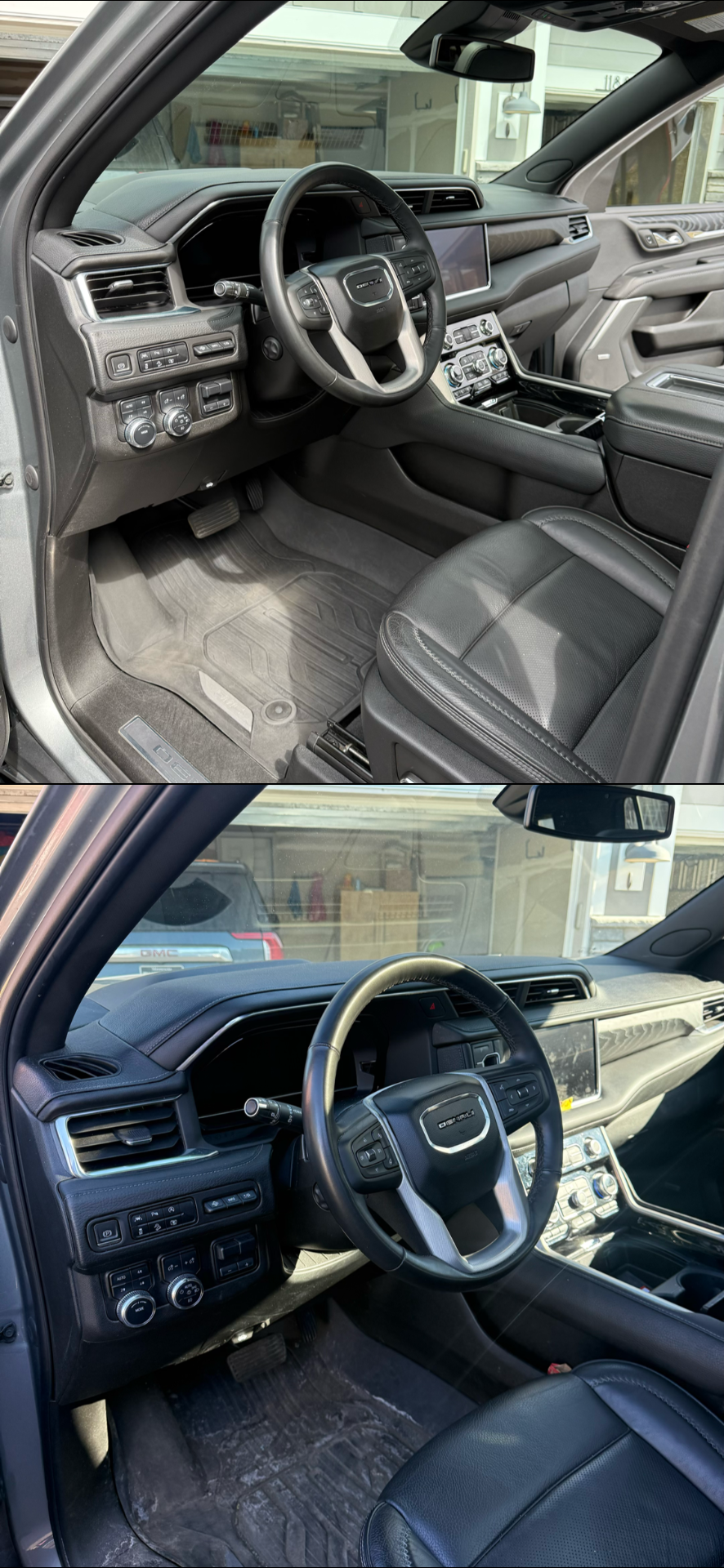 Comparison of the interior of a newer, modern vehicle with a digital dashboard and advanced controls, and an older vehicle interior with less advanced features and worn carpet.