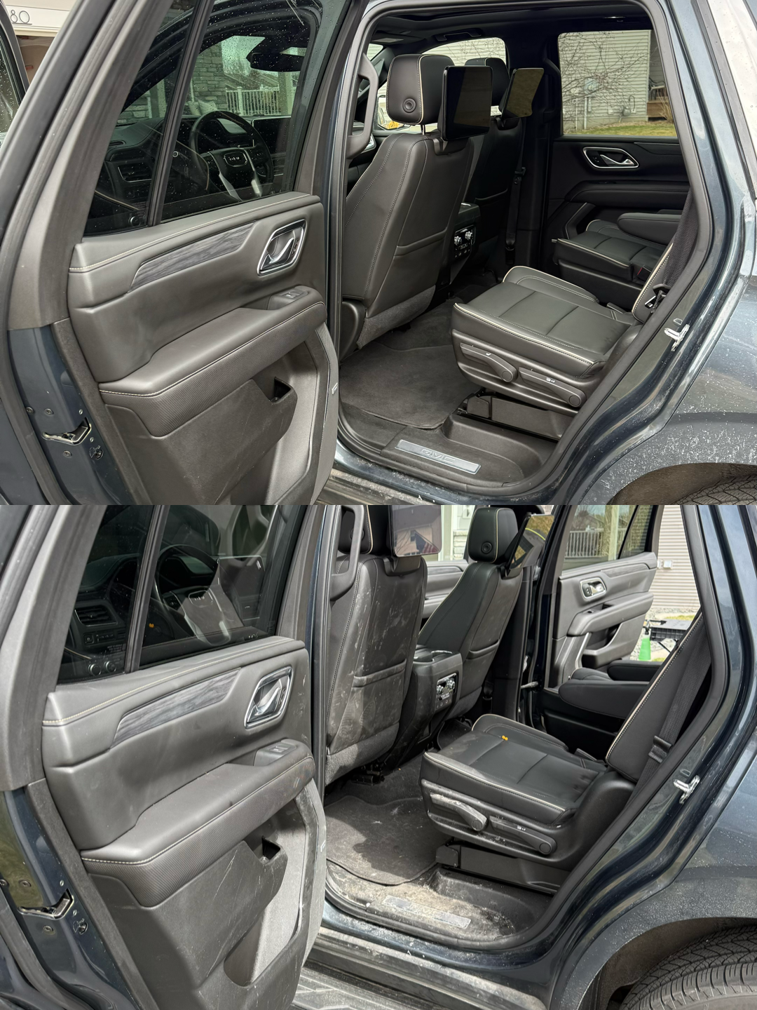 Two images showing the interior of a black SUV, with the rear doors open. The first image depicts a clean, well-maintained interior with tidy seats and floors. The second image shows a dirtier, worn interior with dirt and debris on the floors and seats.