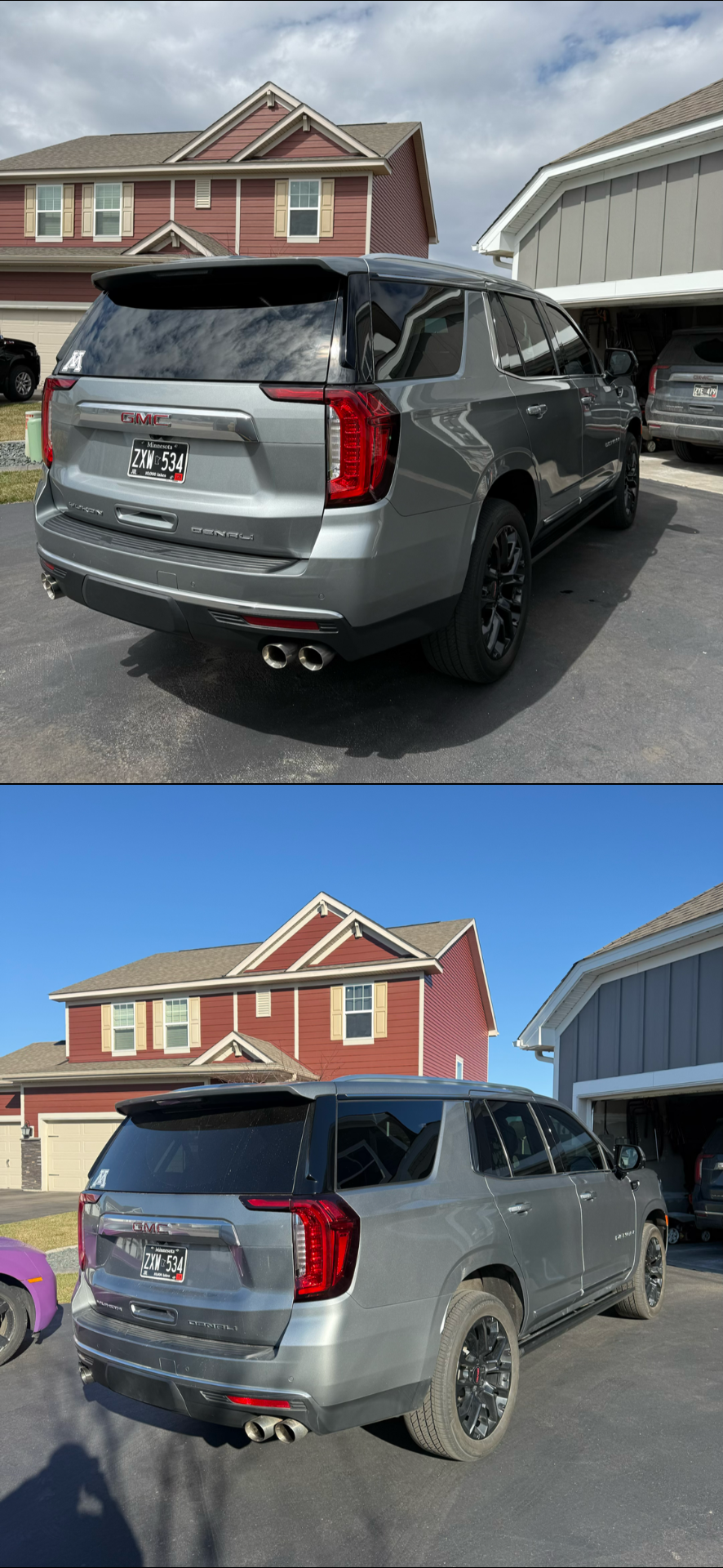 Comparative photos of a gray GMC Denali SUV parked in a driveway, with a red house and a gray garage in the background; the upper photo shows the rear view on a cloudy day, and the lower photo shows the same SUV from a slightly different angle on a sunny day.
