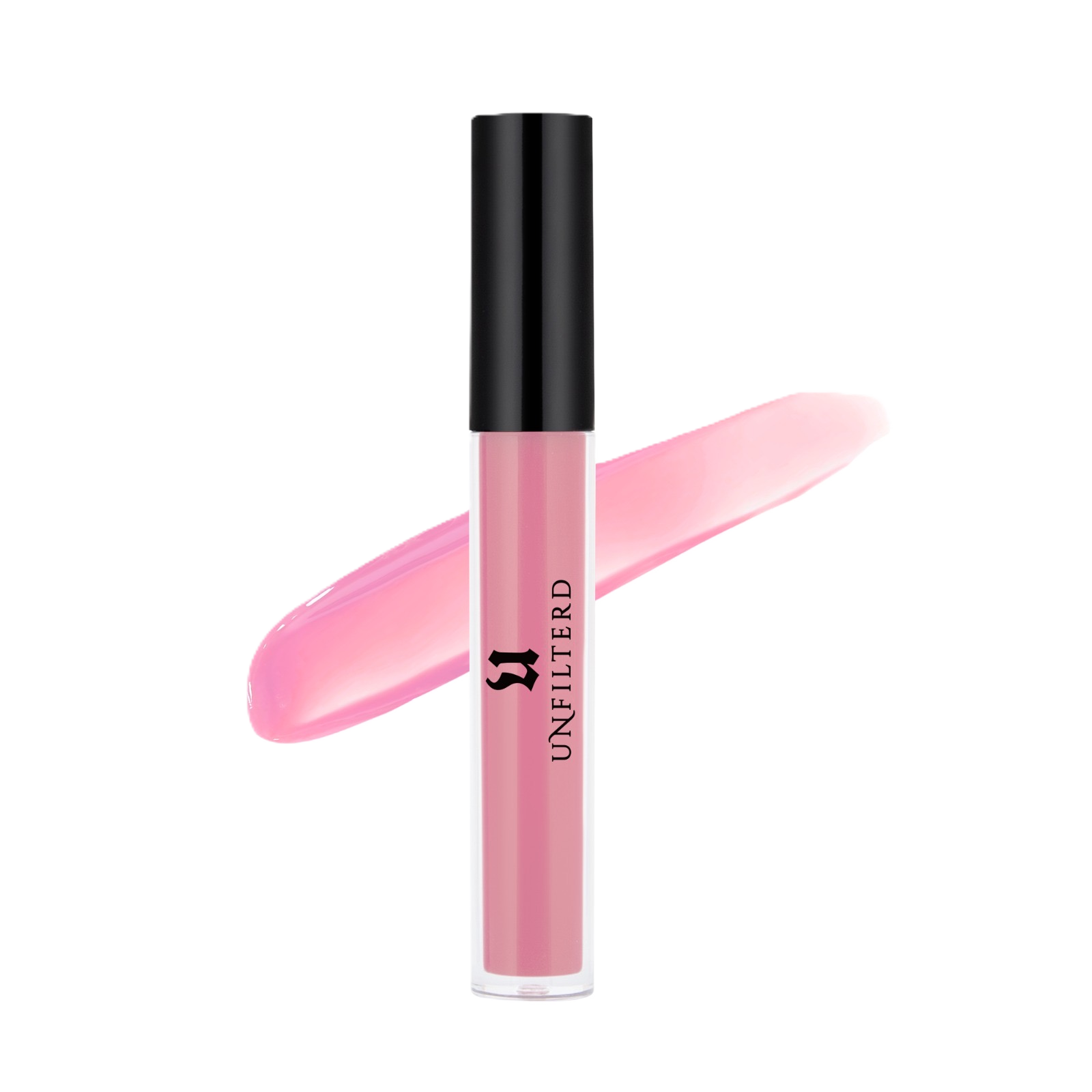A tube of pink lipstick with a black cap and the brand name UNFILTERED printed on it, streaked with pink lipstick smear.