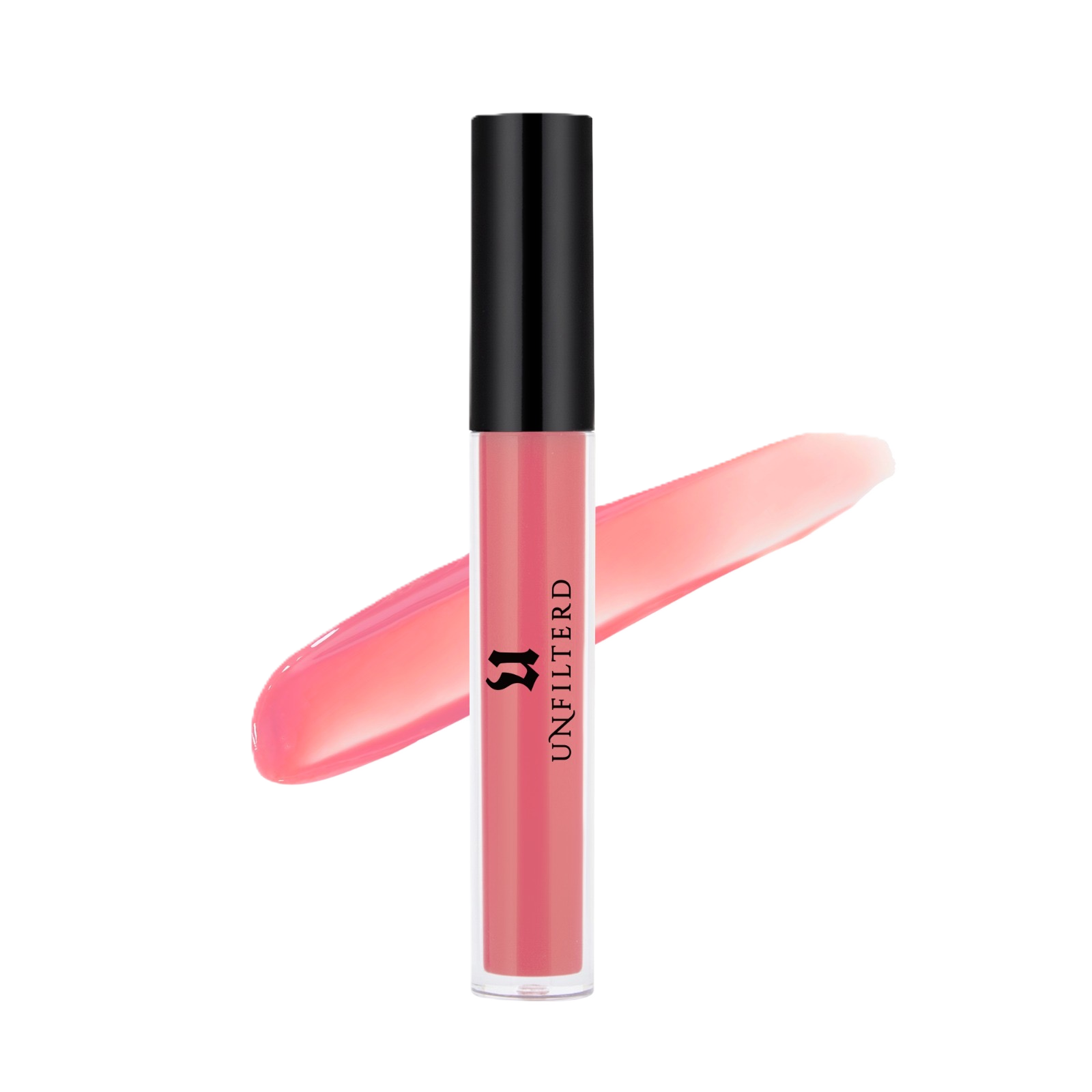 A tube of lip gloss with a black cap and pink body, labeled "UNFILTERED" by Unfiltered, is shown with a streak of gloss in the same pink shade behind it.