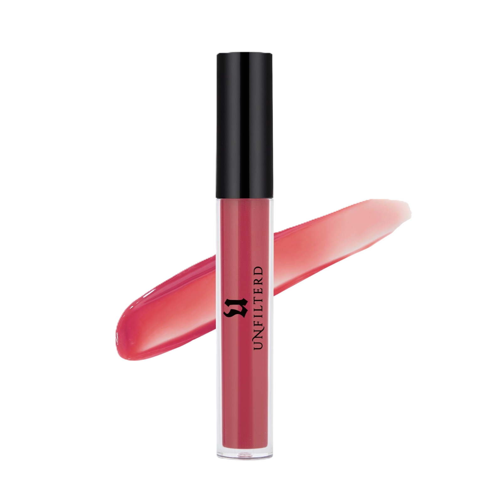 A tube of lip gloss with a black cap labeled 'UNFILTERED' and a pink body, placed in front of a white background with a pink lipstick smear behind it.