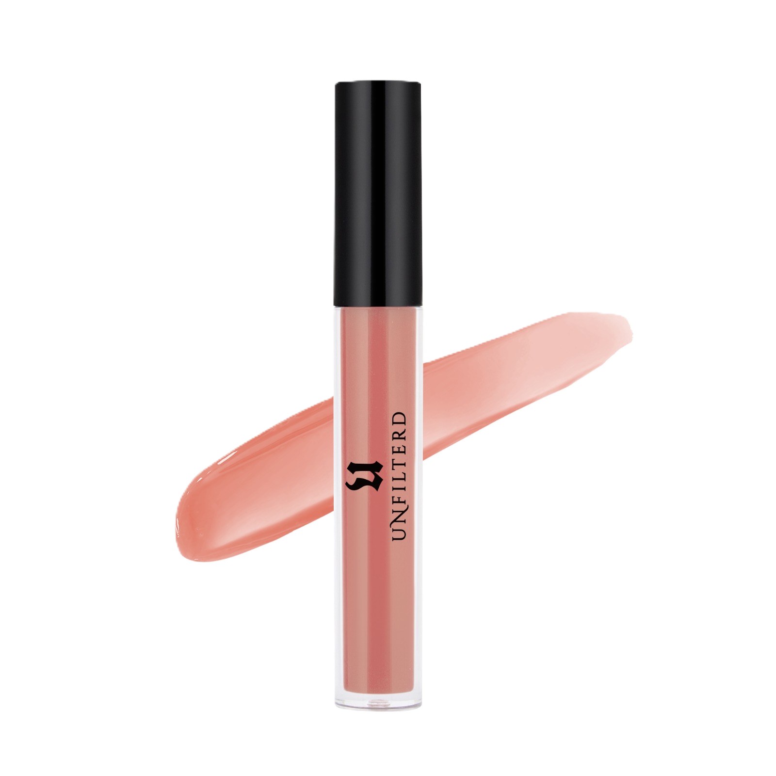 A tube of Lip Filler Unfiltered lip gloss in a clear tube with a black cap, with a smear of the gloss in a nude pink shade underneath.