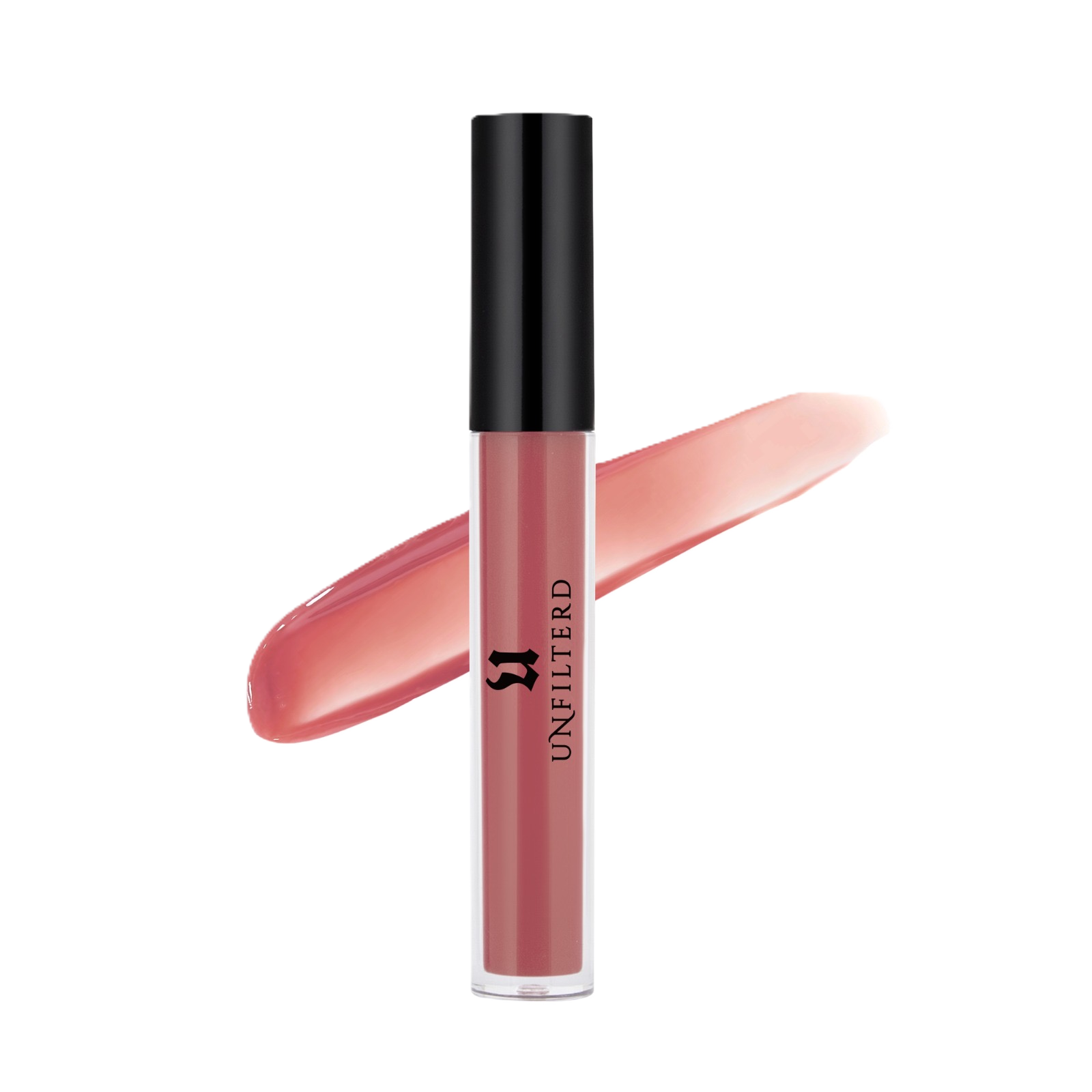 A close-up image of a lip gloss tube with a black cap, held above a pink lipstick smear on a hand with a white background.