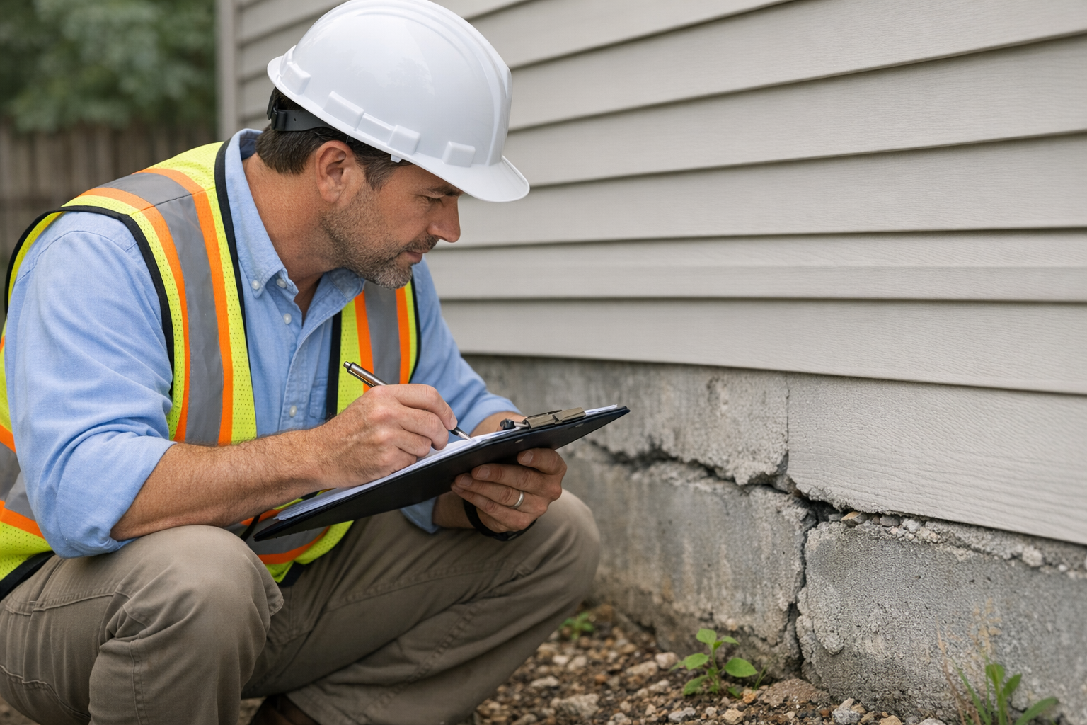 Inspector reviewing foundation damage