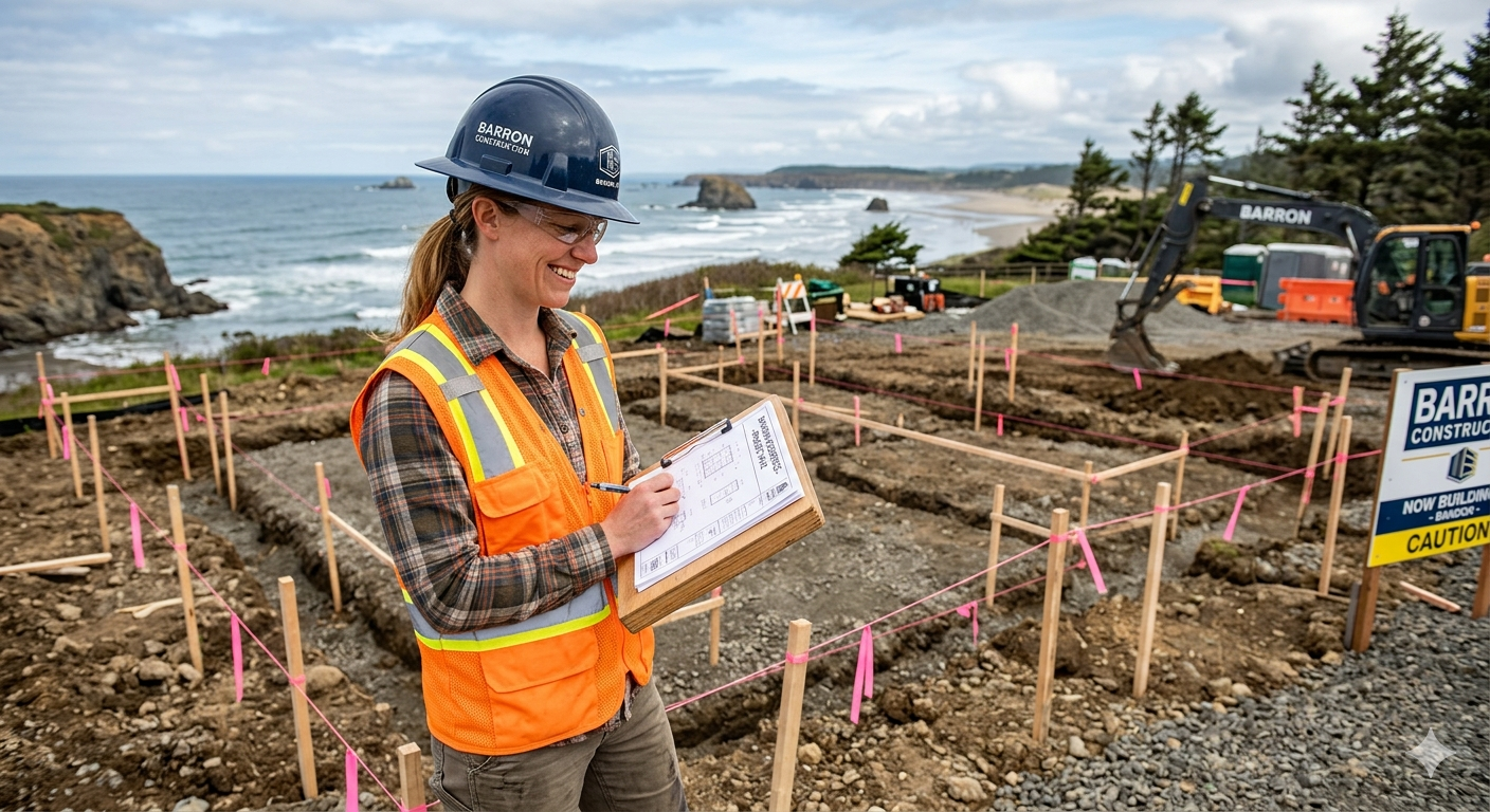 Residential construction foundation layout in Bandon Oregon