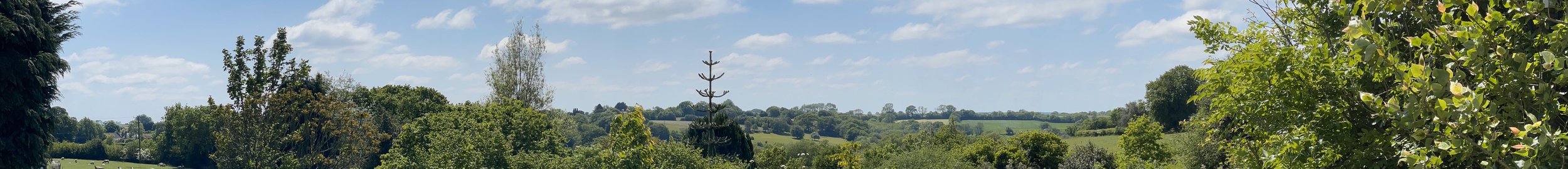 A wide view of a lush green countryside landscape with trees and hills under a partly cloudy sky.