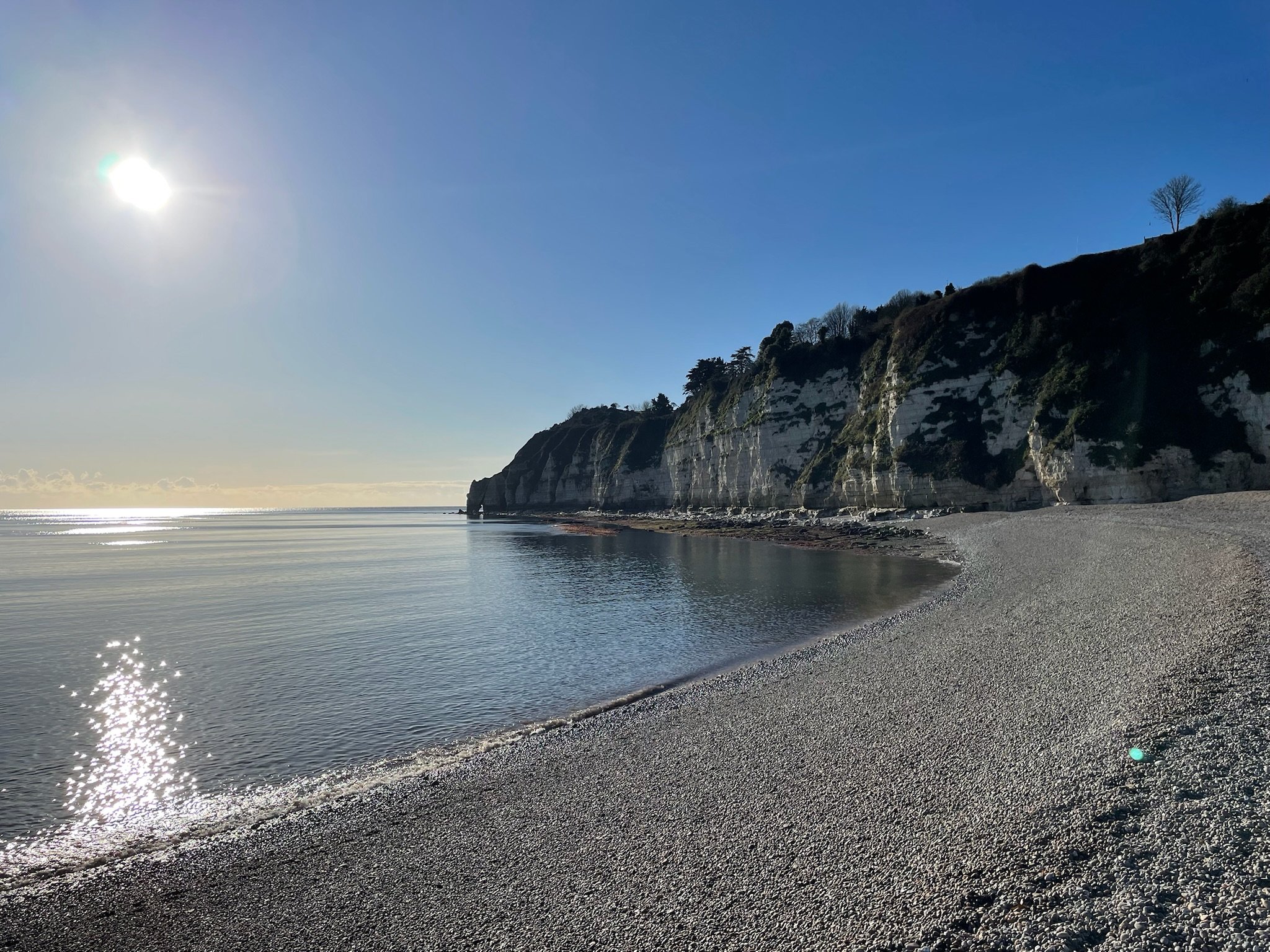 A scenic coastal landscape featuring a cliff with trees, a sandy beach, calm ocean water, and a bright sun in a clear blue sky.