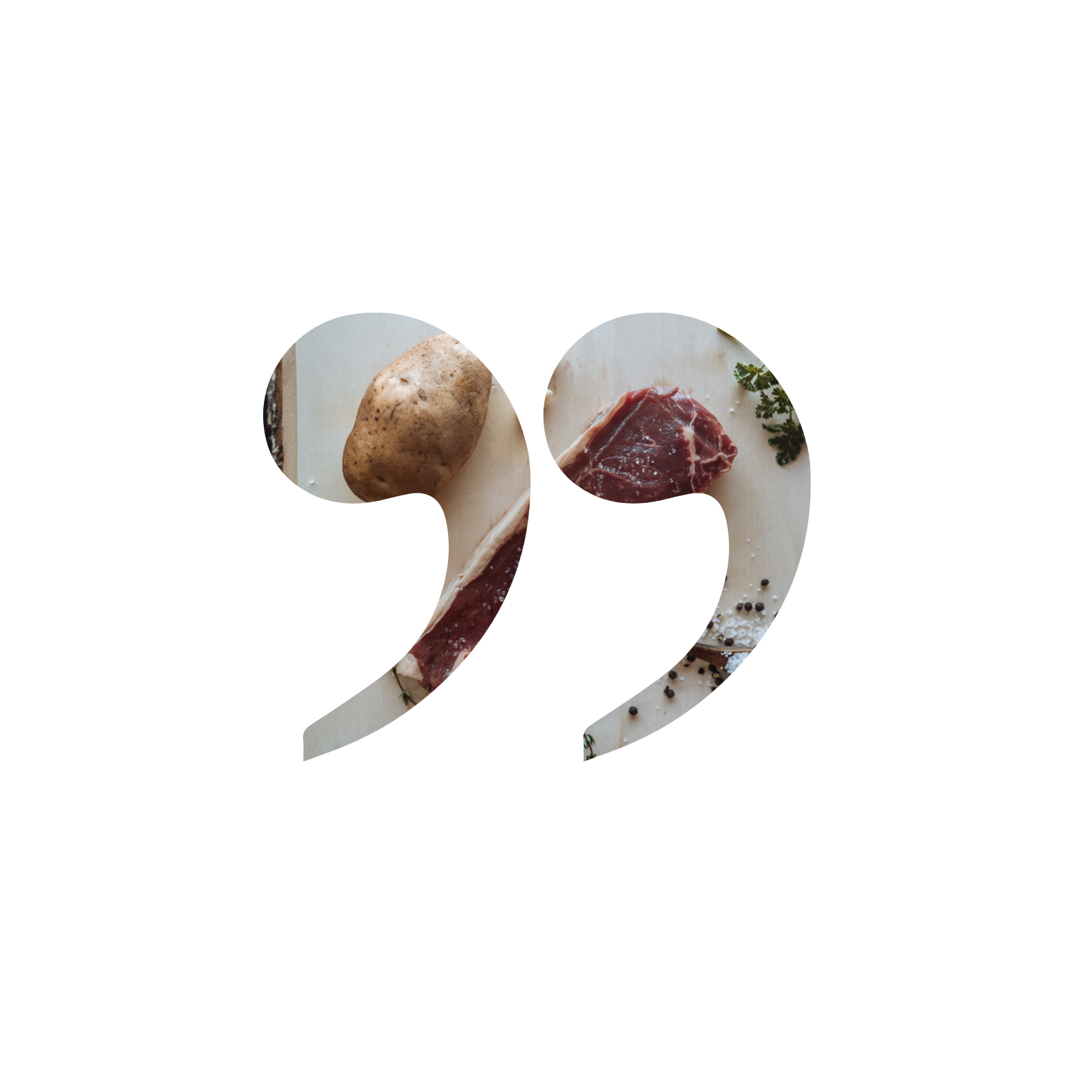 Image of a large number 22 with raw steak, a potato, black peppercorns, salt, a sprig of herbs, and a knife on a white cutting board.