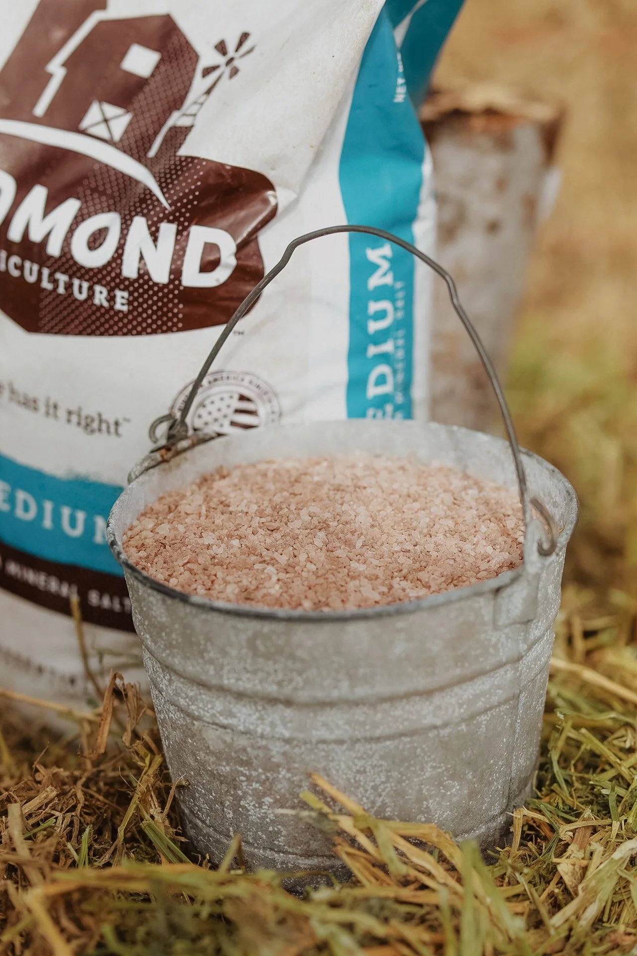 A small weathered metal bucket filled with pink Himalayan salt, placed on hay or grass, with a bag of Diamond brand mineral salt in the background.