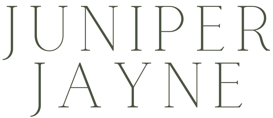 The text 'Juniper Jayne' in large, elegant font on a black background.