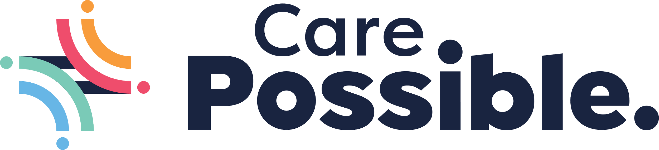 Text reads 'Care. Possible.' with colorful abstract design elements.