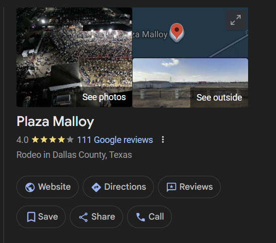 Overview of Plaza Malloy, a rodeo event in Dallas County, Texas, showing a large gathering of spectators at night and an outdoor scene of the arena.