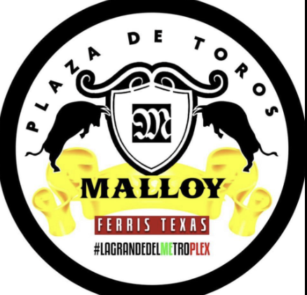 Logo featuring the text 'Plaza de Toros Malloy' with bulls, a shield, and yellow sculpted heads, and the hashtag #LAGRANDEDELMETROPLEX.