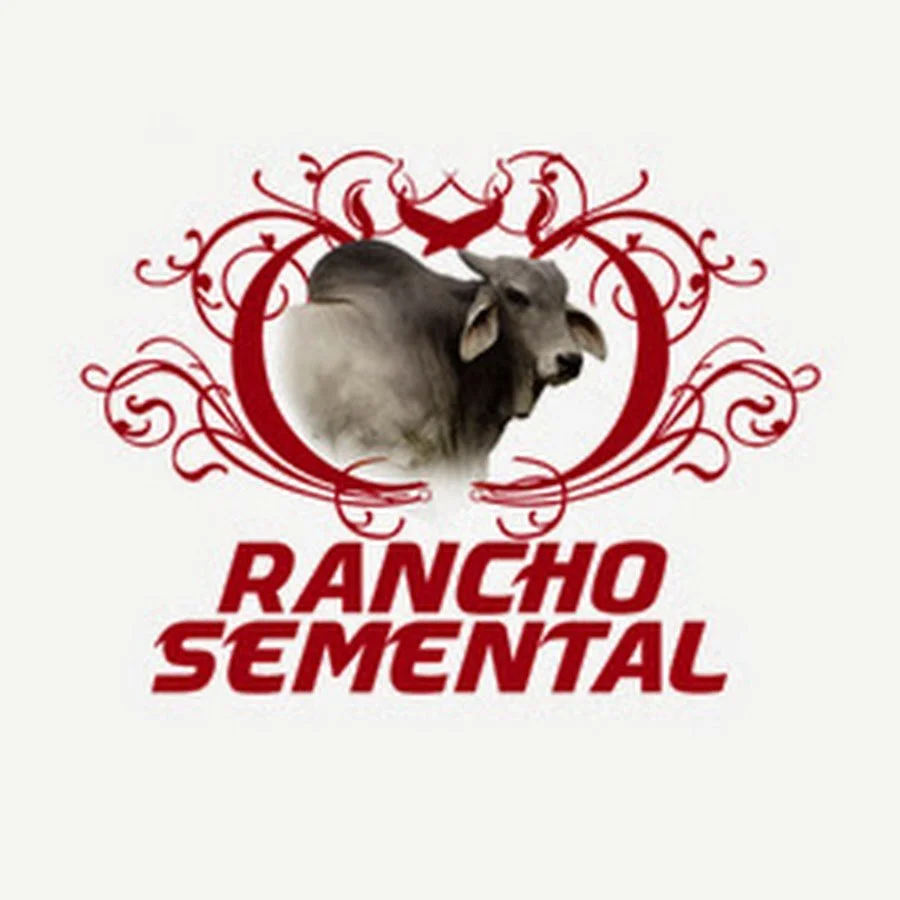 Logo with a centered cow illustration surrounded by red decorative floral patterns, with "Rancho Semen-Tal" written in bold red letters below.