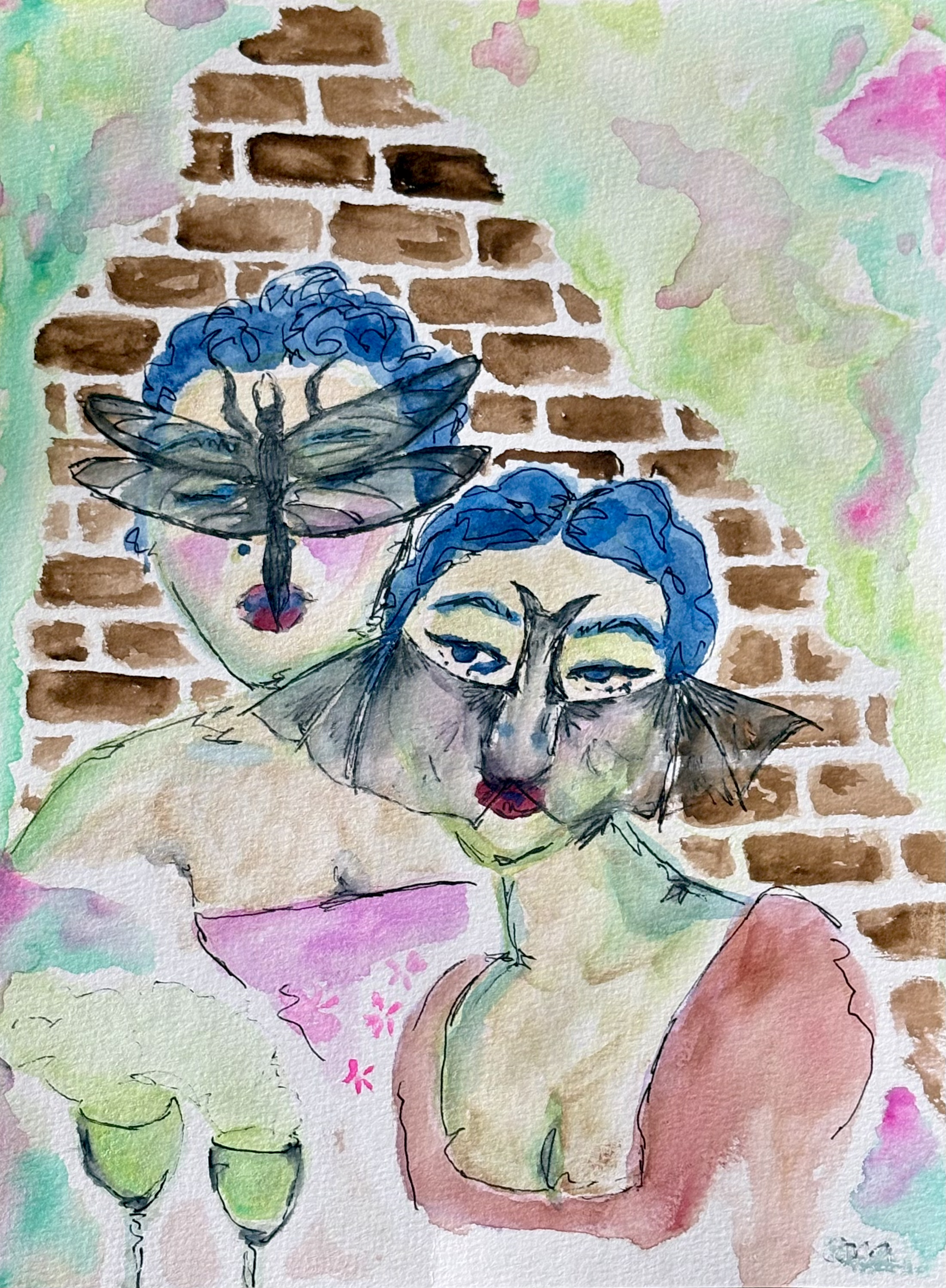 the sisters meet the green fairy 2026 (watercolor + ink)