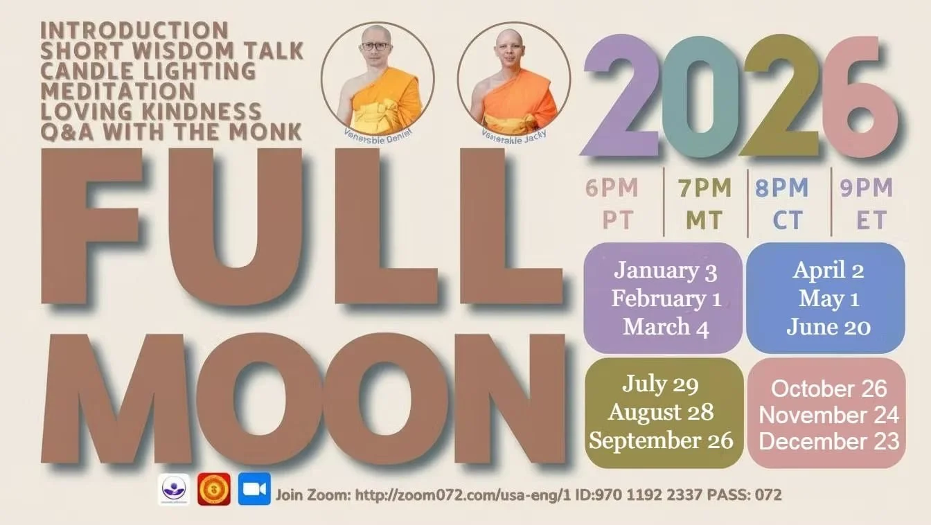 A promotional poster for a series of online events in 2026 including topics like introduction, short wisdom talk, candle lighting, meditation, loving kindness, and Q&A with the monks Venerable Daniels and Venerable Jacky. The poster features two photos of monks wearing orange robes, with one labeled Venerable Daniels and the other Venerable Jacky. The events are scheduled at different times and dates across January, February, March, April, May, June, July, August, September, October, November, and December. The poster includes a link and login details for Zoom.