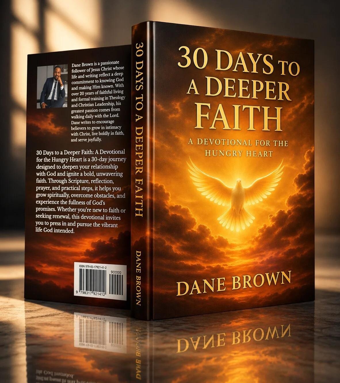 A book titled '30 Days to a Deeper Faith' by Dane Brown features a glowing dove with outstretched wings against a sunset sky on the cover.