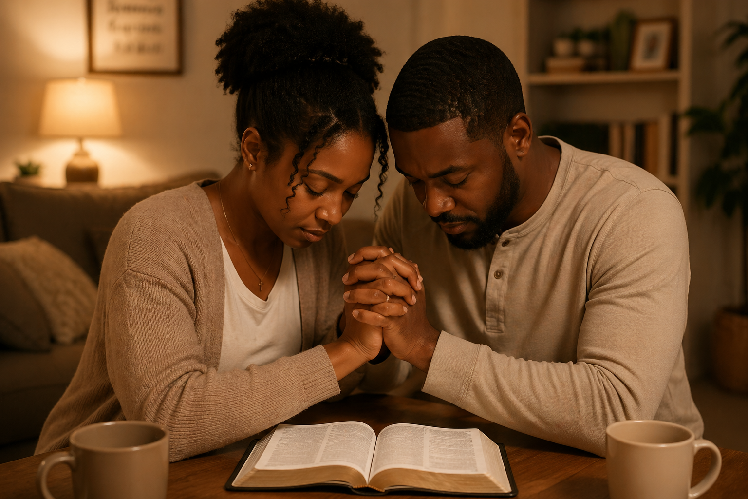 Two people praying together at a table with open Bible and coffee mugs in a cozy living room.