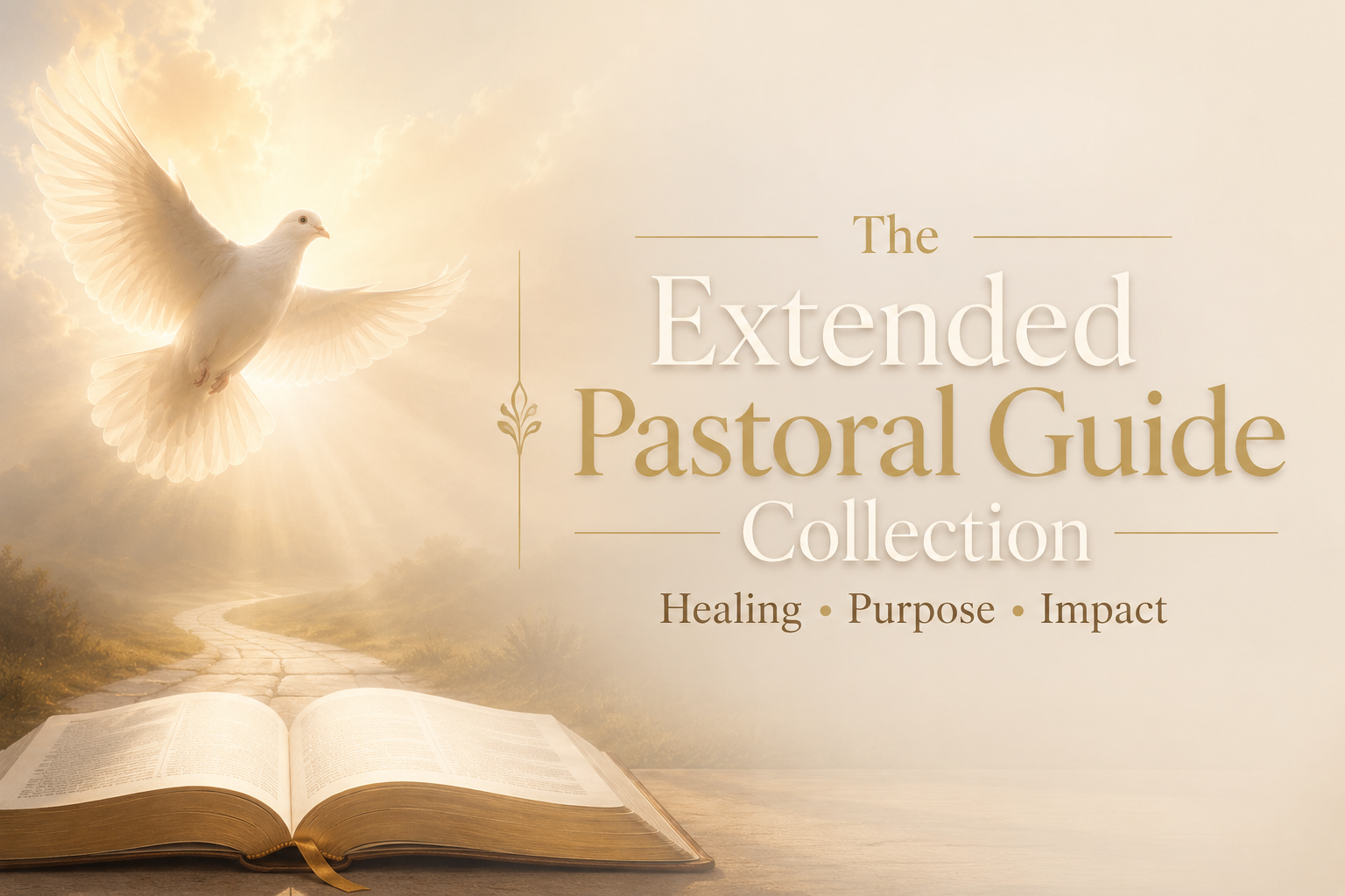 Open Bible on a wooden surface, glowing dove flying in the sky with sunlight background, and text that reads 'The Extended Pastoral Guide Collection: Healing, Purpose, Impact'