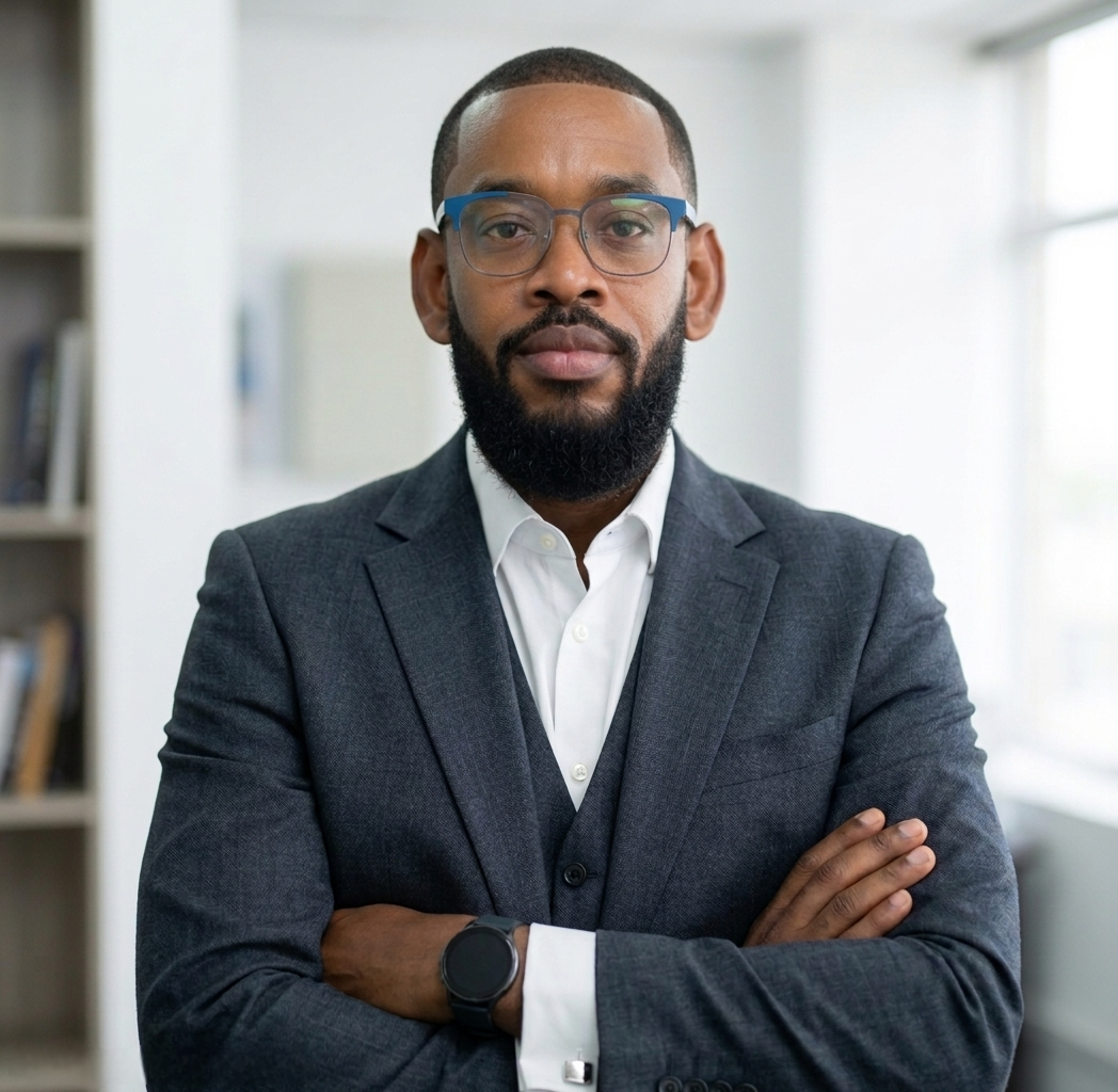 A confident man with glasses, a beard, and a mustache wearing a dark suit, white shirt, and a wristwatch, standing with arms crossed in a professional office setting.