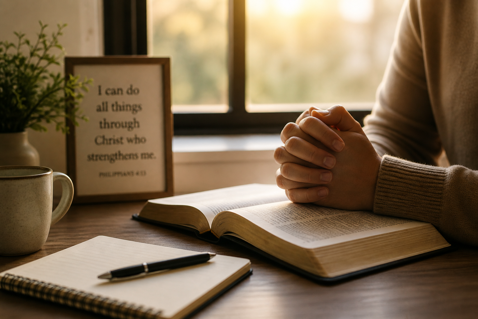 Person with hands clasped in prayer in front of an open Bible, on a wooden desk with notebook and pen, a framed scripture quote, a mug, and a potted plant near a window letting in natural light.
