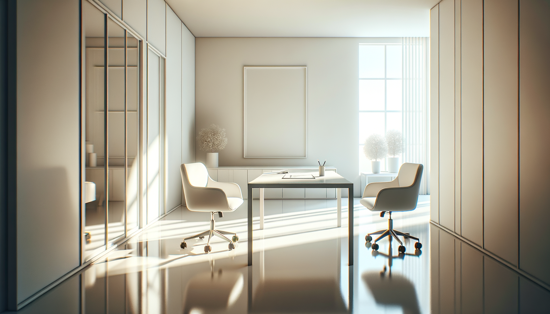 Bright, minimalist office with white walls, a large window with sheer curtains, two white chairs on casters, a white table with a notebook and pencils, and decorative white plants on a side table.